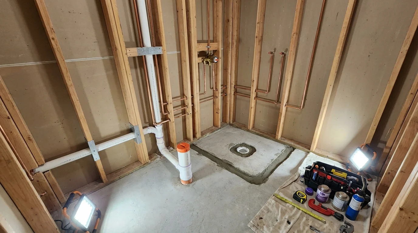 Bathroom rough-in plumbing during remodel by Johns Plumbing LLC in San Gabriel