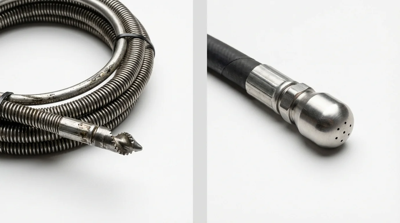 Drain snake cable and hydro jetting nozzle used for drain cleaning in San Gabriel, CA