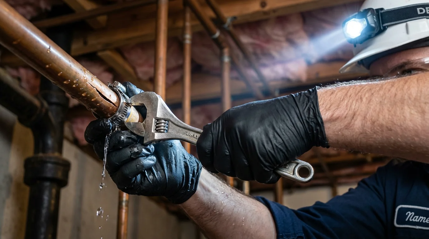 Emergency pipe clamp repair being performed by a Johns Plumbing LLC plumber in San Gabriel