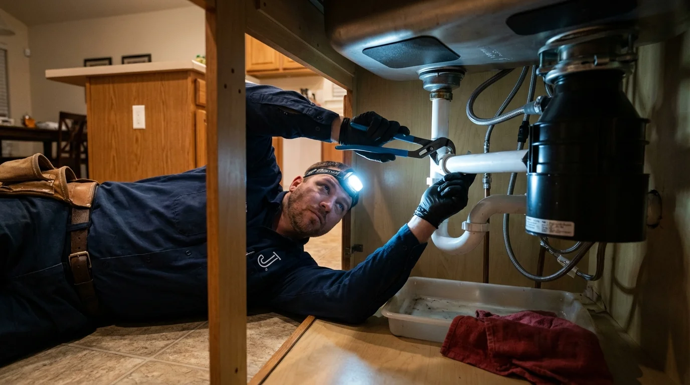 P-trap and supply line connections under a kitchen sink showing a common leak point in San Gabriel, CA